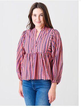 Oliphant Mandarin Balloon Blouse Top Tribal Boho Flowy Small *Button FLAW